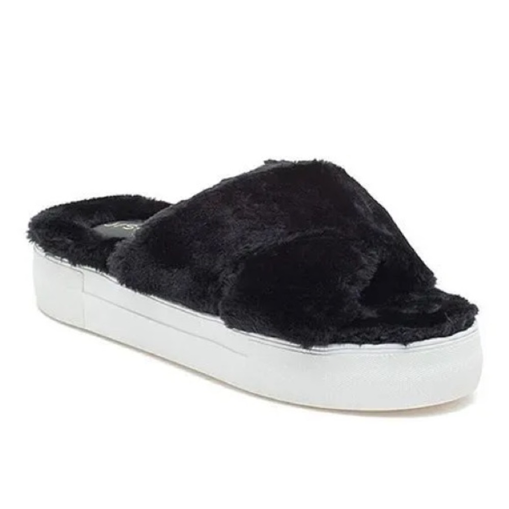 J Slides NYC black fur stacked platform slides size 8